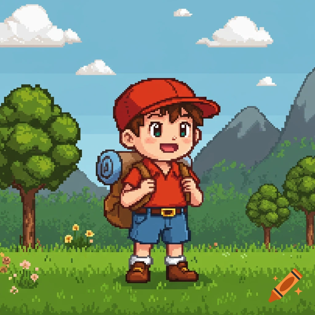 Pixel art cartoon of a boy adventurer with a backpack standing in a grassy field with trees and mountains under a blue sky.