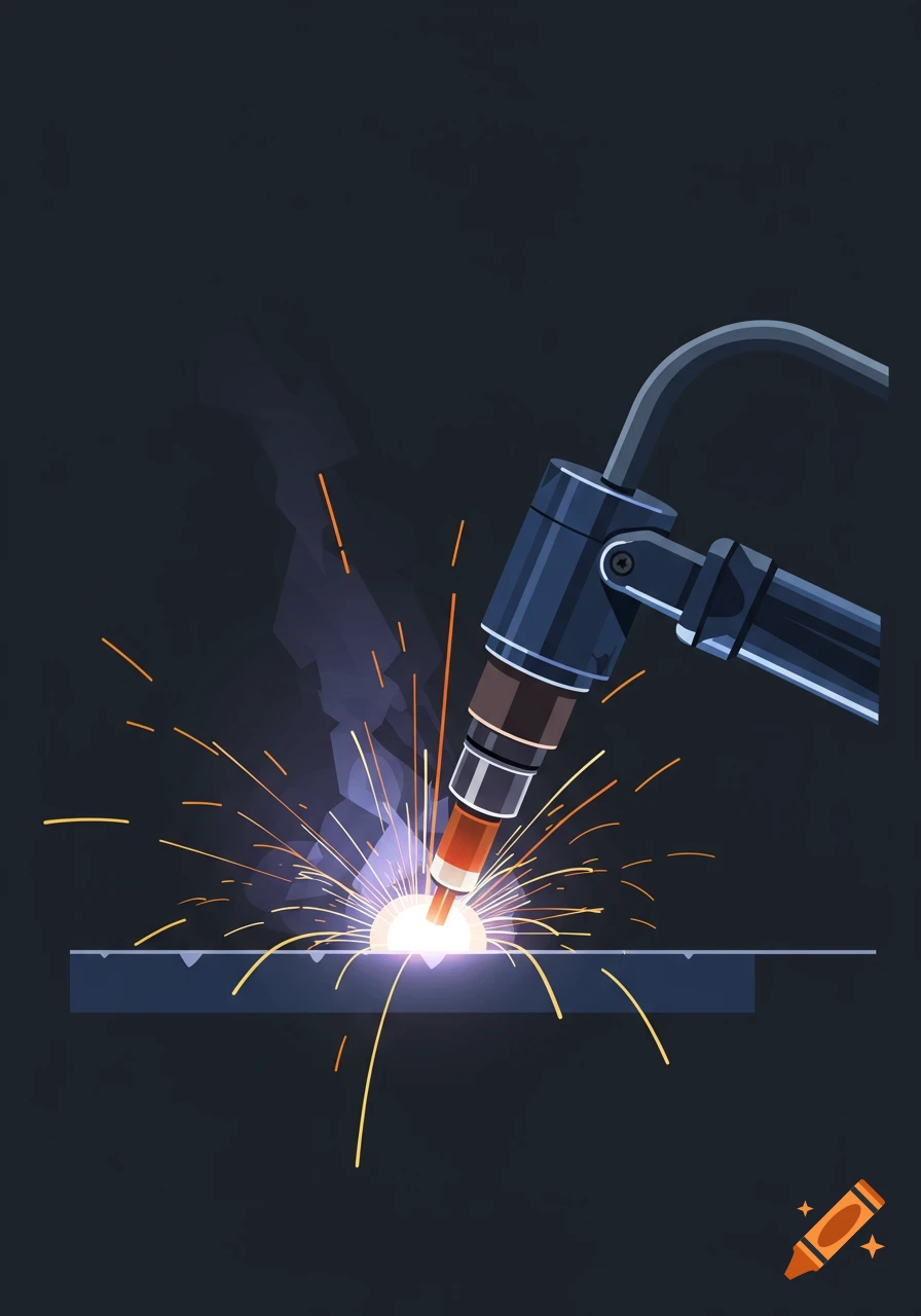 A stylized illustration of a welding head creating bright sparks on a metal surface against a dark background.