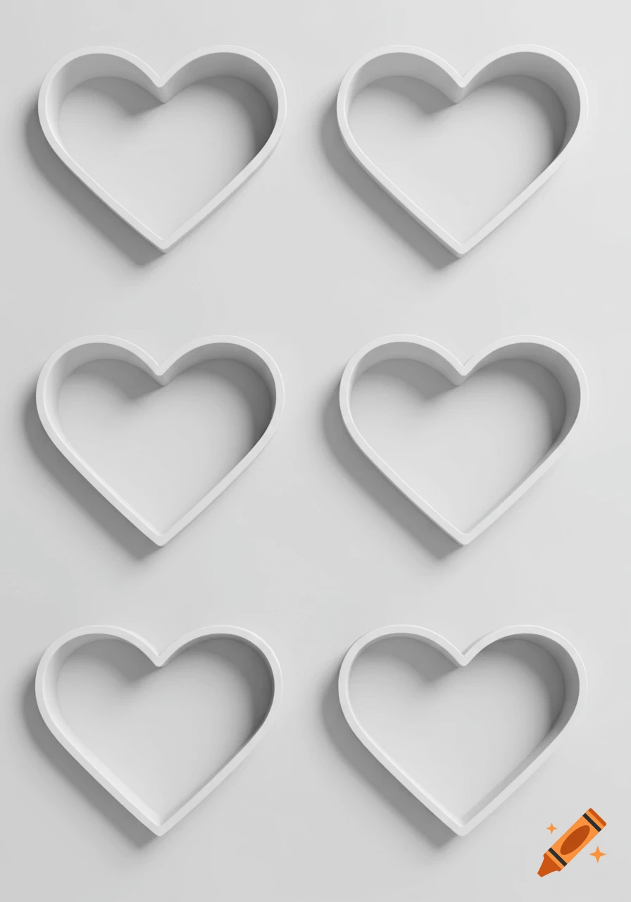 Six white heart outlines arranged in two columns on a light gray background, with soft shadows. Minimalist design.