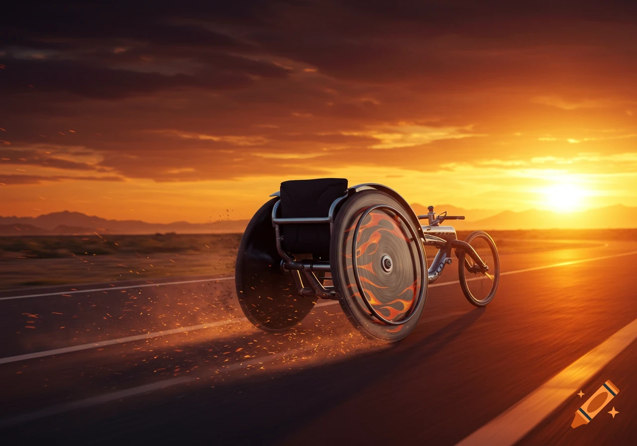 A racing wheelchair with flame designs on its wheels speeds down a road at a fiery sunset.