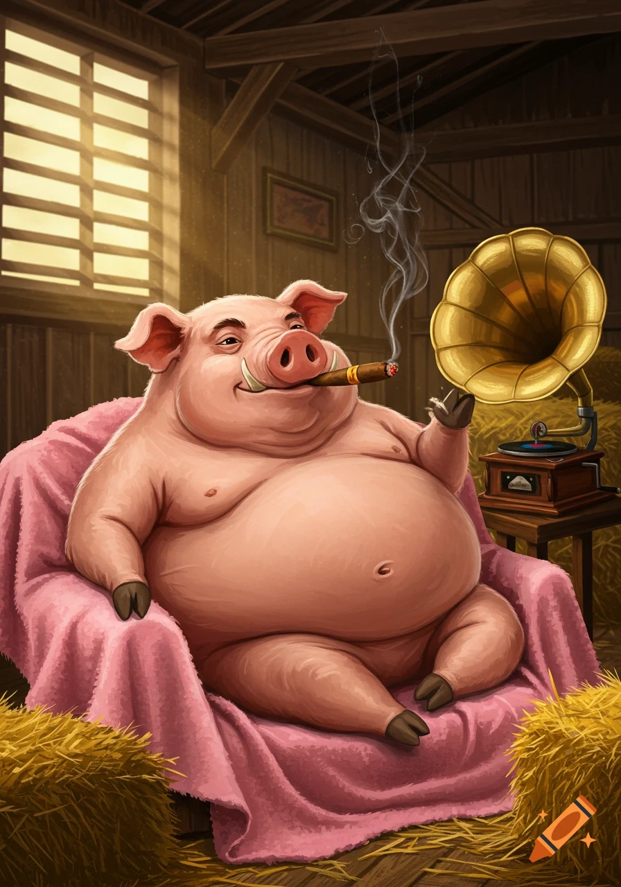 A portly, happy cartoon pig smokes a cigar while sitting on a pink blanket in a barn, next to a gramophone and bales of hay.