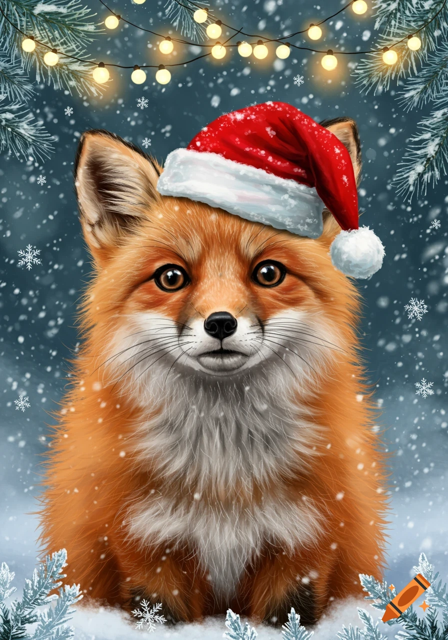 Illustrated red fox wearing a Santa hat in a snowy winter scene with festive lights and pine branches.