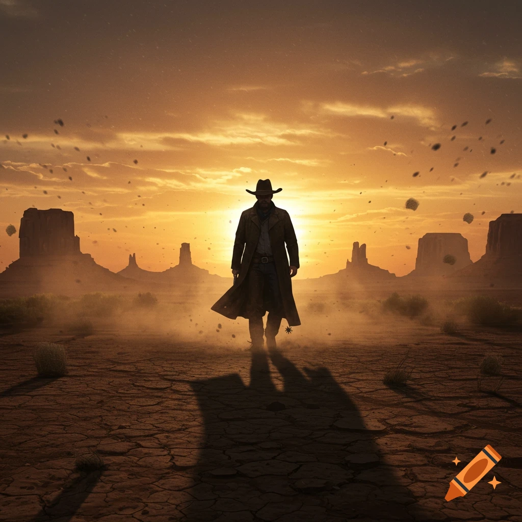 A lone cowboy silhouette walks through a dusty desert landscape with mesas at sunset, casting a long shadow.