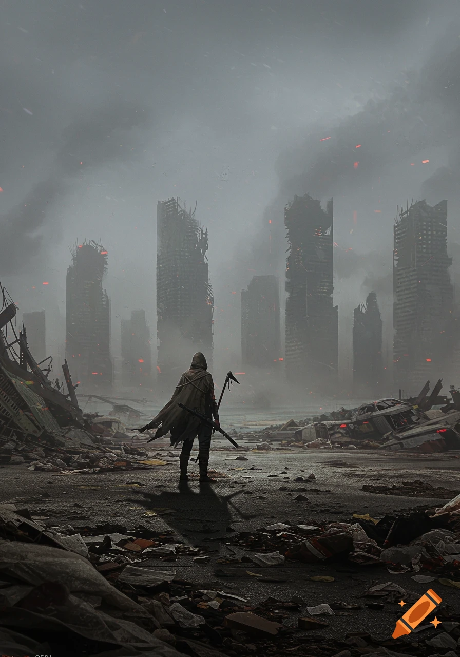 A lone cloaked figure with a weapon stands in a devastated city, facing towering ruined skyscrapers under a smoky, red-lit sky.