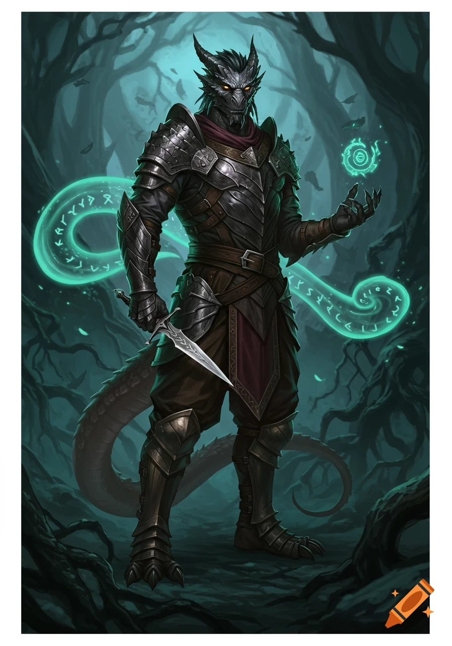 A dragon-like warrior in dark armor holds a dagger and casts a glowing green spell in a dark, rooted forest. Fantasy art style.