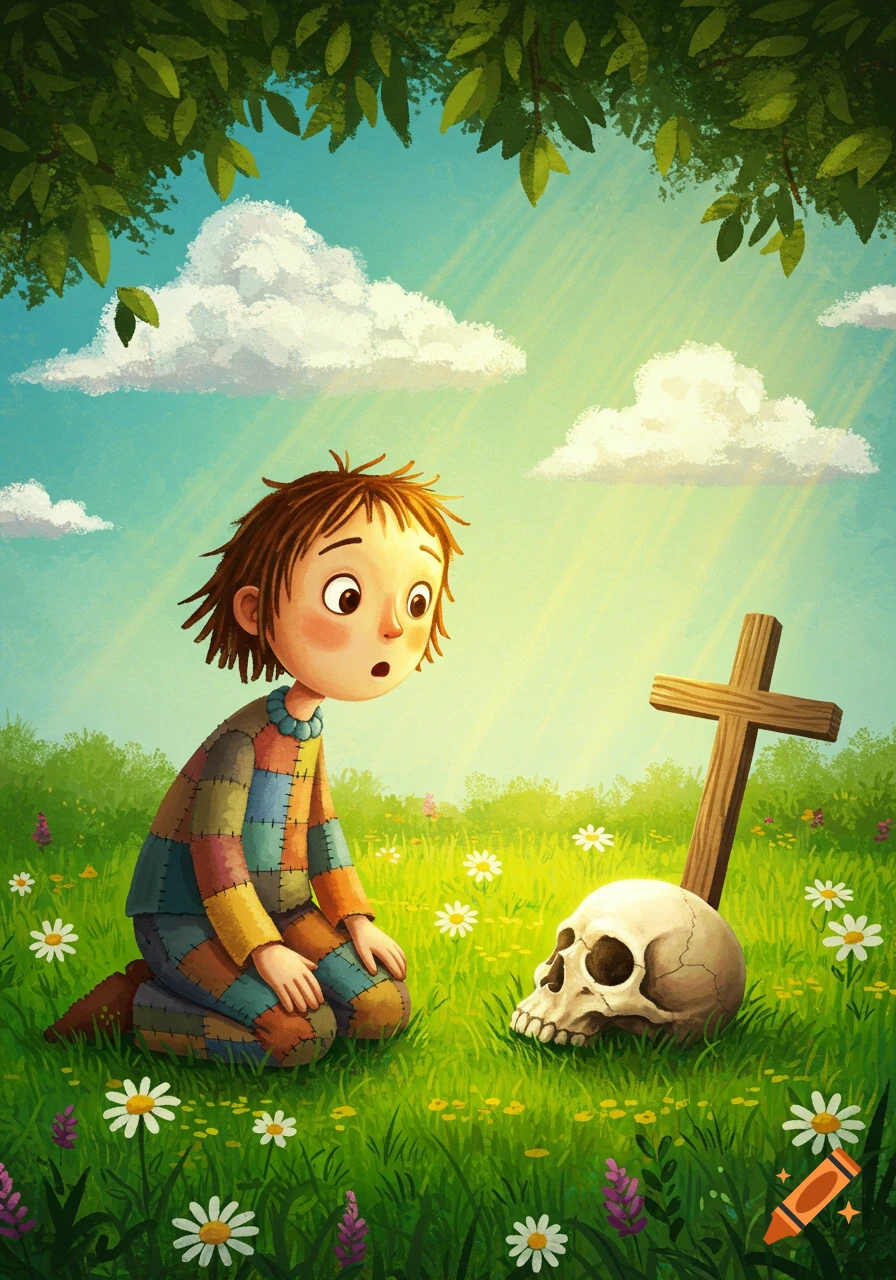 Faux naif illustration of a child kneeling, looking at a skull and cross in a sunny, flower-filled field under green leaves.
