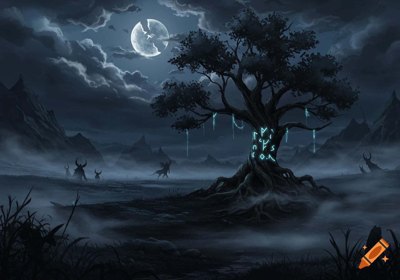 A dark fantasy landscape at night with a cracked moon, a gnarled tree with glowing runes, shadowy horned figures, and misty mountains.