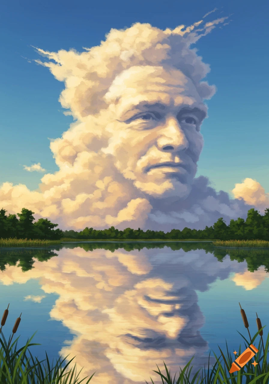 Illustrative image of a cloud resembling George W. Bush's face above a reflective lake with trees and cattails.