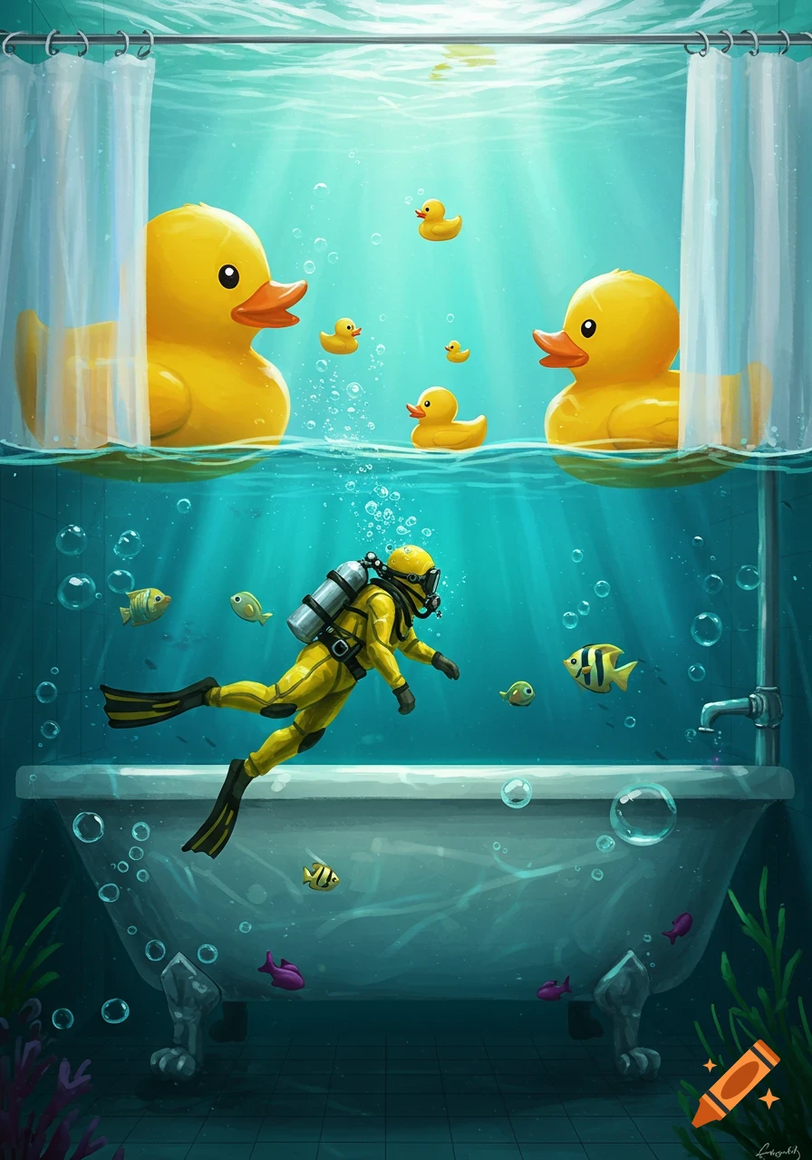 Whimsical illustration of a scuba diver exploring a bathtub underwater with fish, while rubber ducks float on the surface.