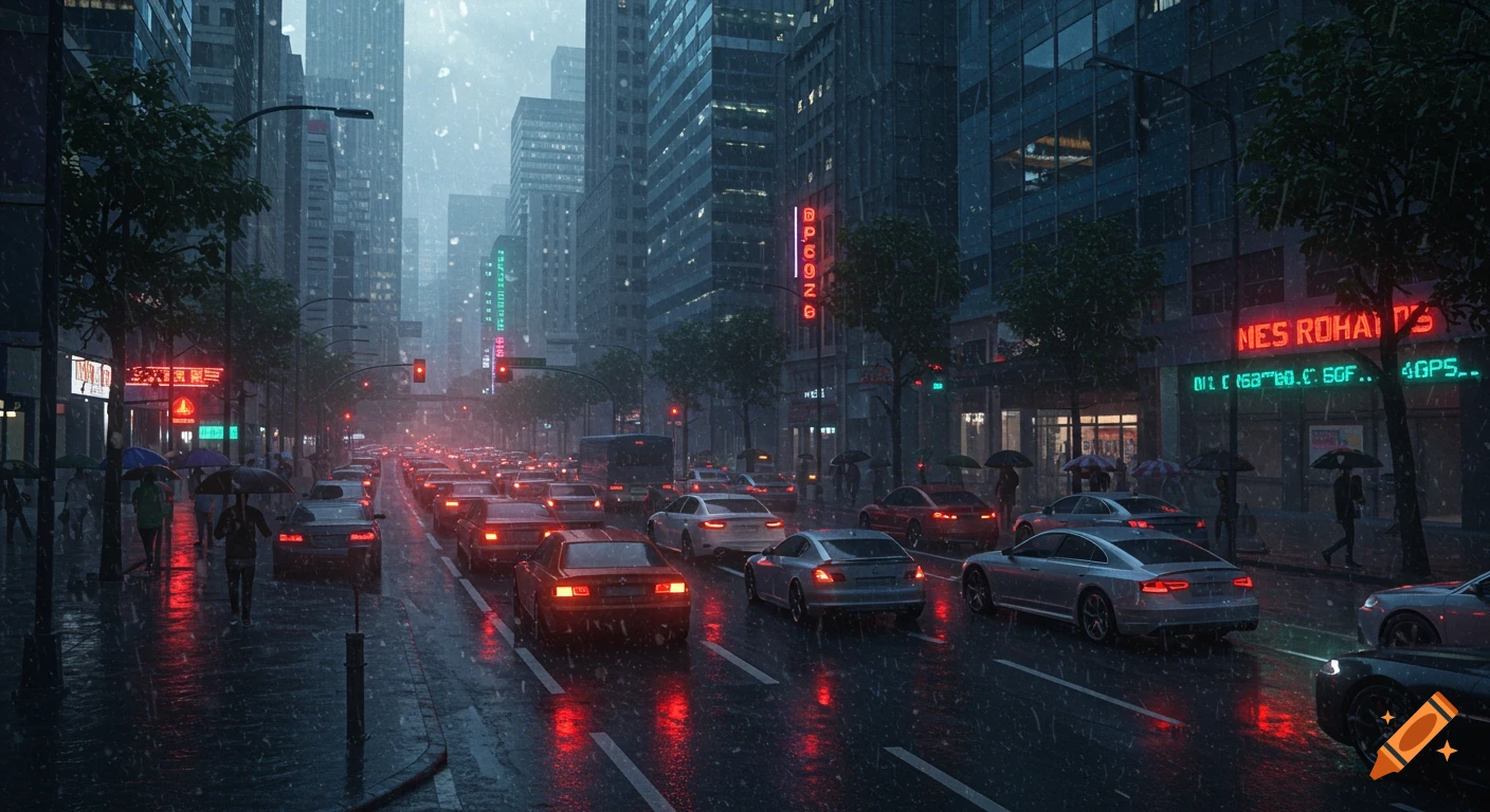 A photorealistic image of a busy city street in the rain at dusk, with cars in traffic, neon signs, and tall buildings under a gloomy sky.