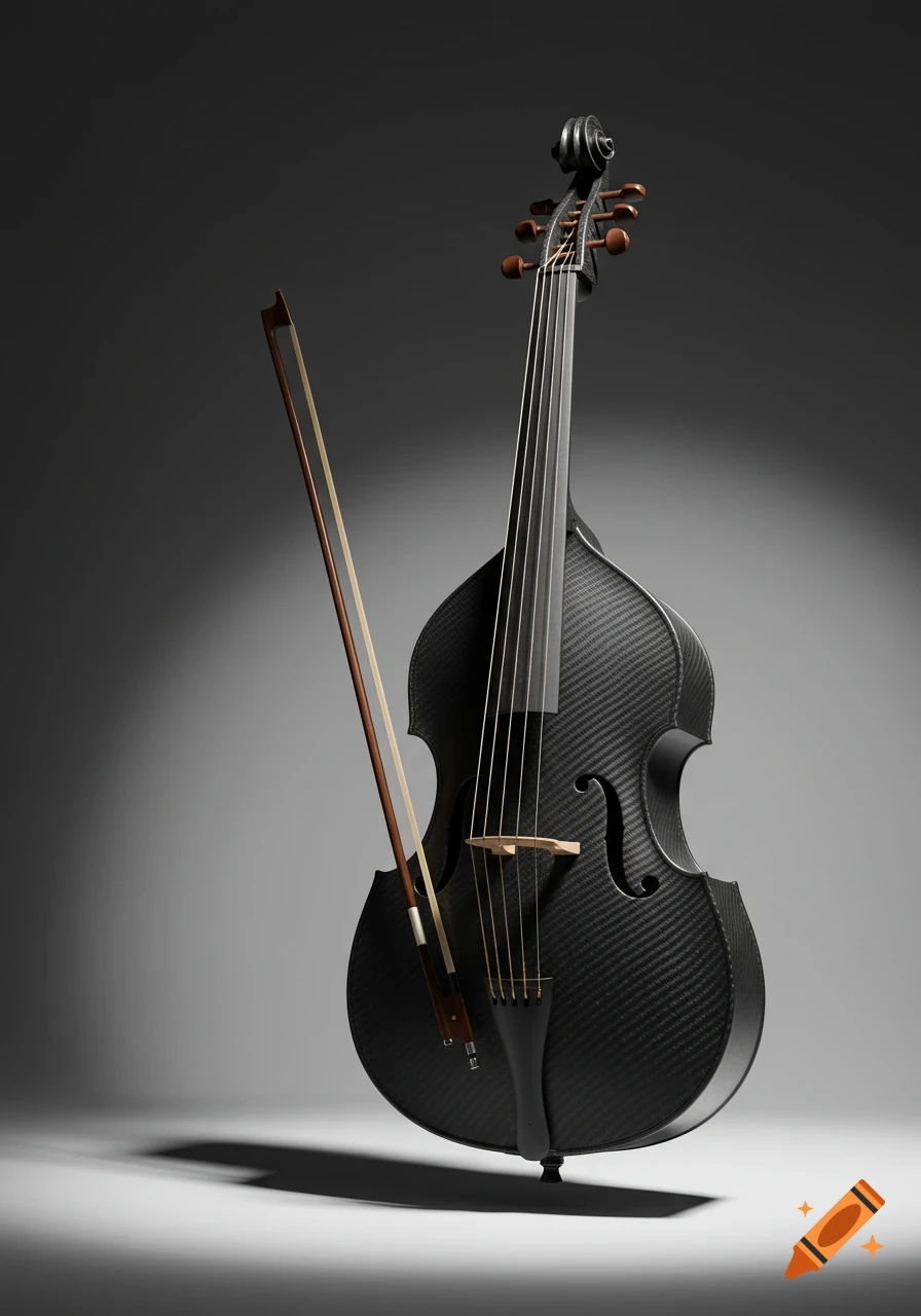 A modern, dark carbon fiber 6-string viola da gamba with C-holes and a bow leaning against it, on a spotlighted gray background.