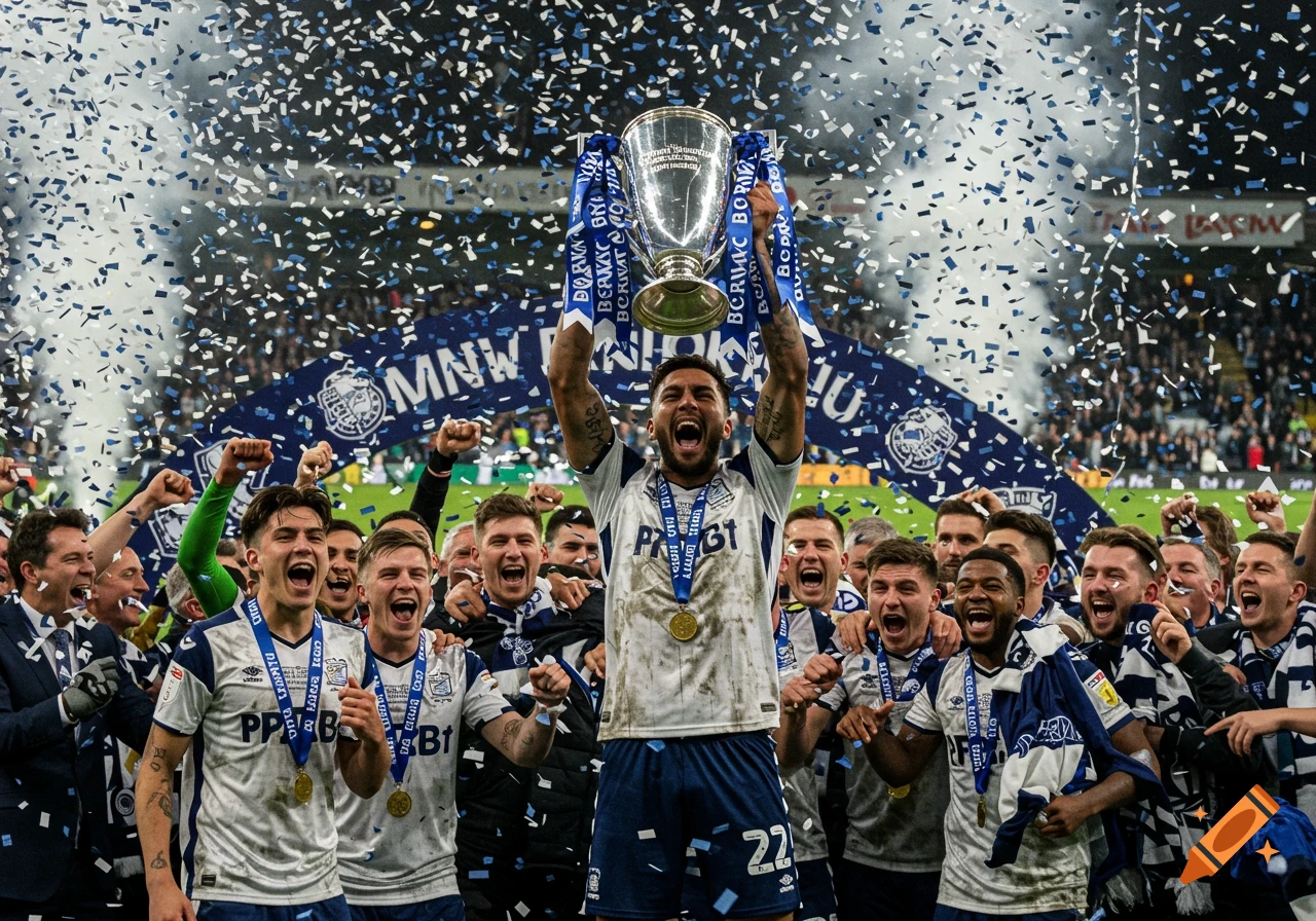 Exultant soccer players in white and blue jerseys celebrate winning a championship, one player holding a trophy high as confetti rains down.
