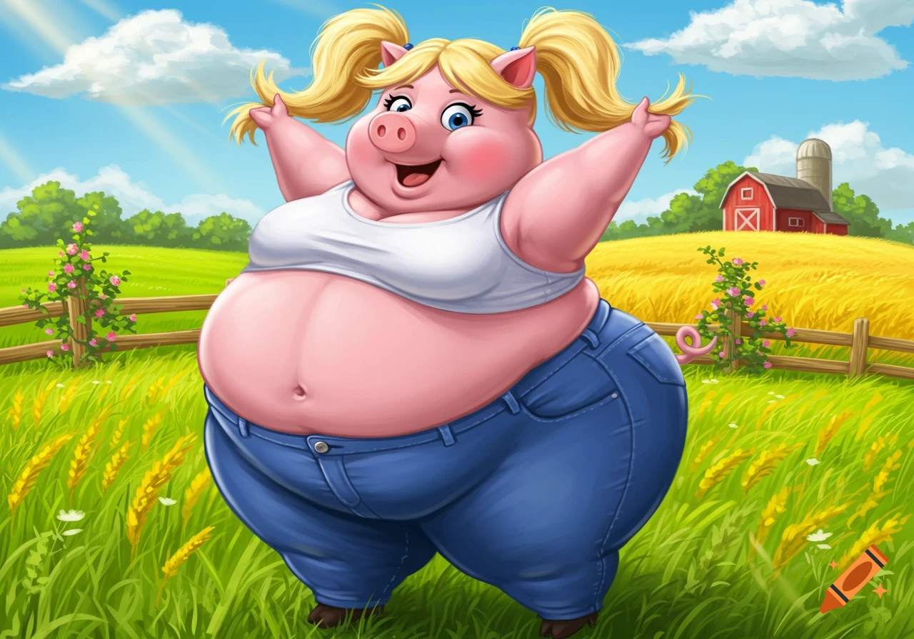 A happy, chubby cartoon pig with blonde pigtails, white crop top, and blue jeans, raising her arms in a sunny field with a red barn.
