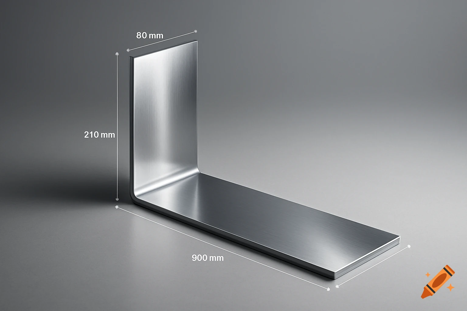 A brushed metal L-shaped bracket with dimensions 210mm high, 80mm wide, and 900mm long, shown on a grey background.