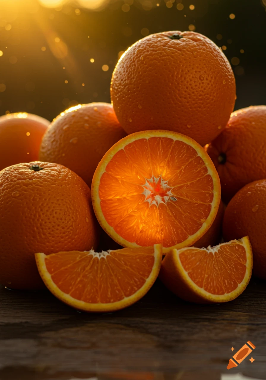 A vibrant pile of fresh oranges, some whole, some cut into halves and slices, glistening with water droplets in warm golden hour sunlight.