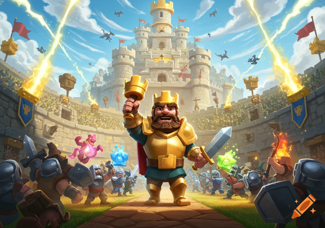 A cartoon king in golden armor holds a torch and sword amidst soldiers in a medieval arena with a castle and sky beams.