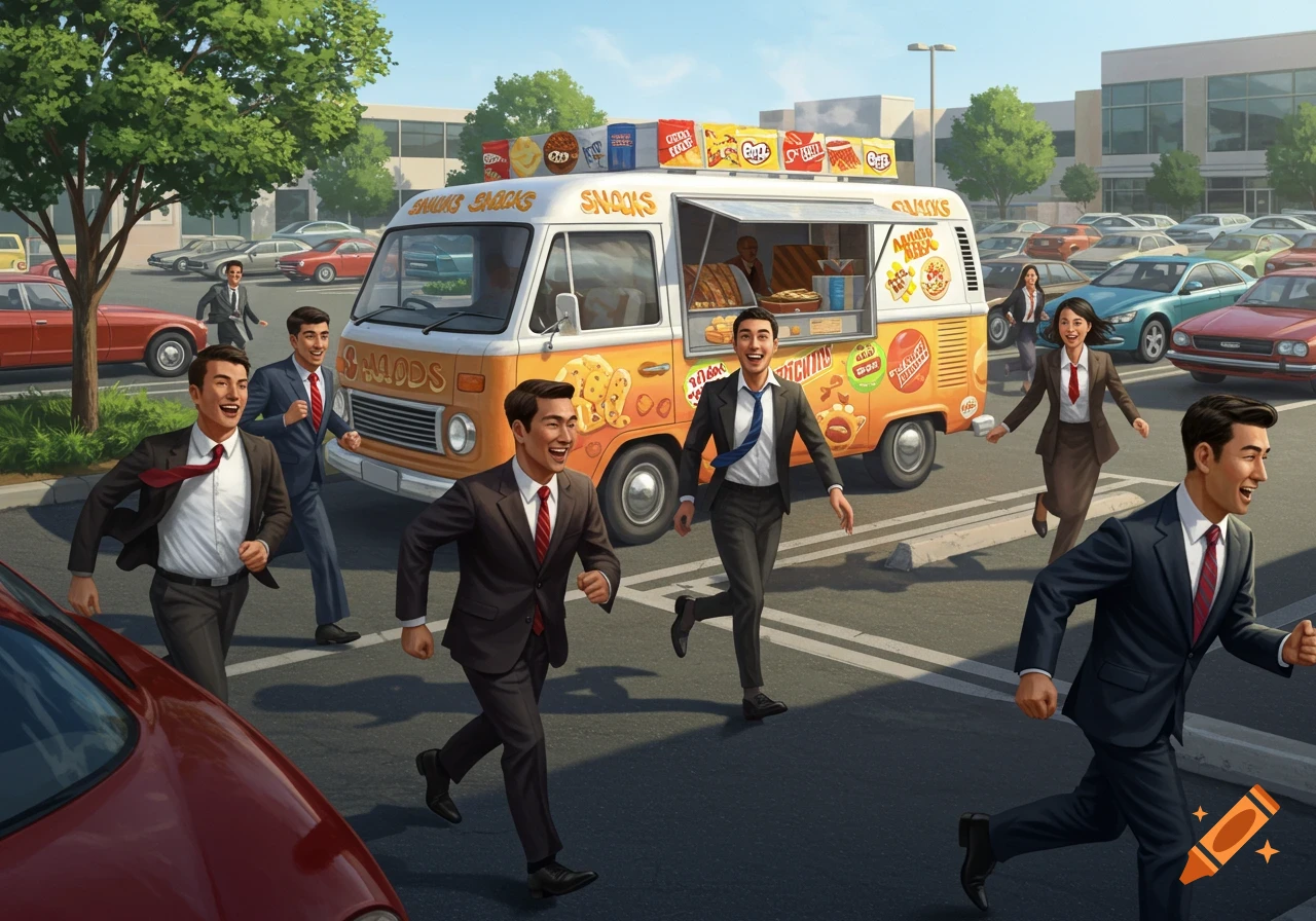 Photorealistic illustration of excited office workers in suits running towards an orange snack van in a parking lot.