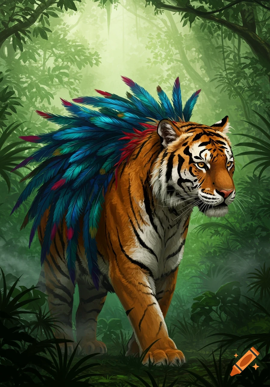 A majestic tiger adorned with vibrant blue and red feathers on its back, walking through a lush green jungle.