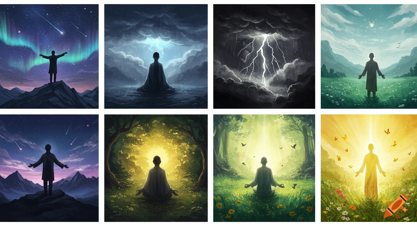 Eight illustrative panels show a person's spiritual journey in nature, from stormy mountains to radiant fields.