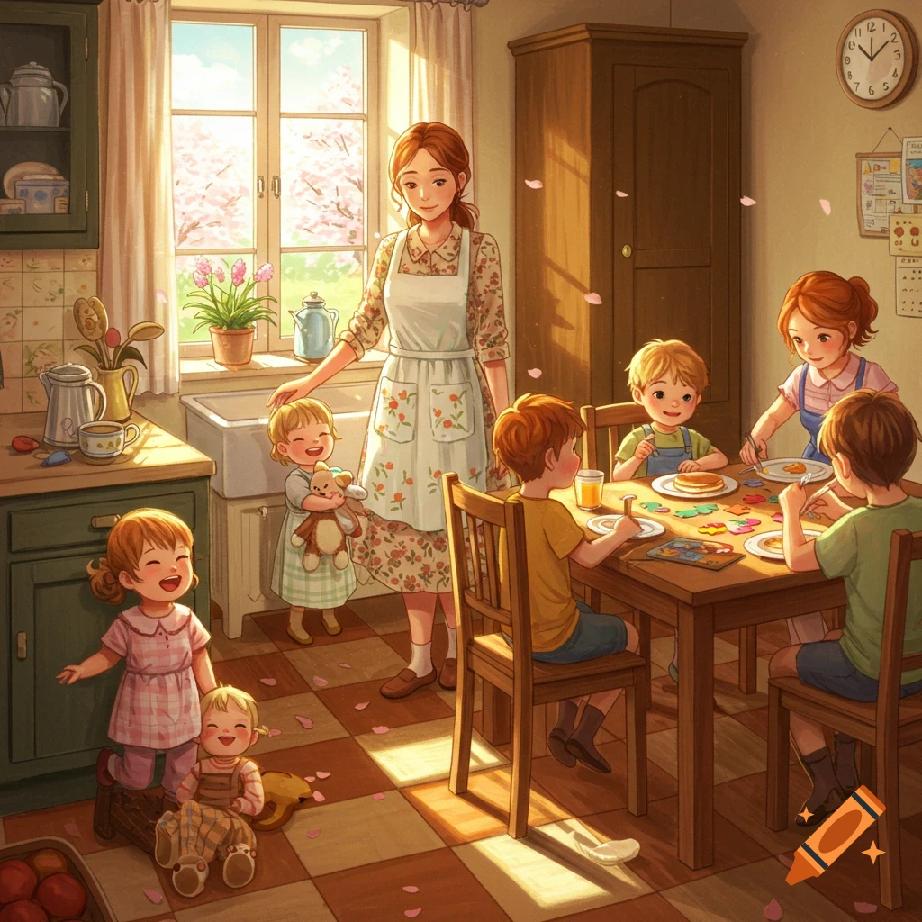 A mother in an apron with five happy children in a cozy kitchen, some eating at a table while others play on the floor.