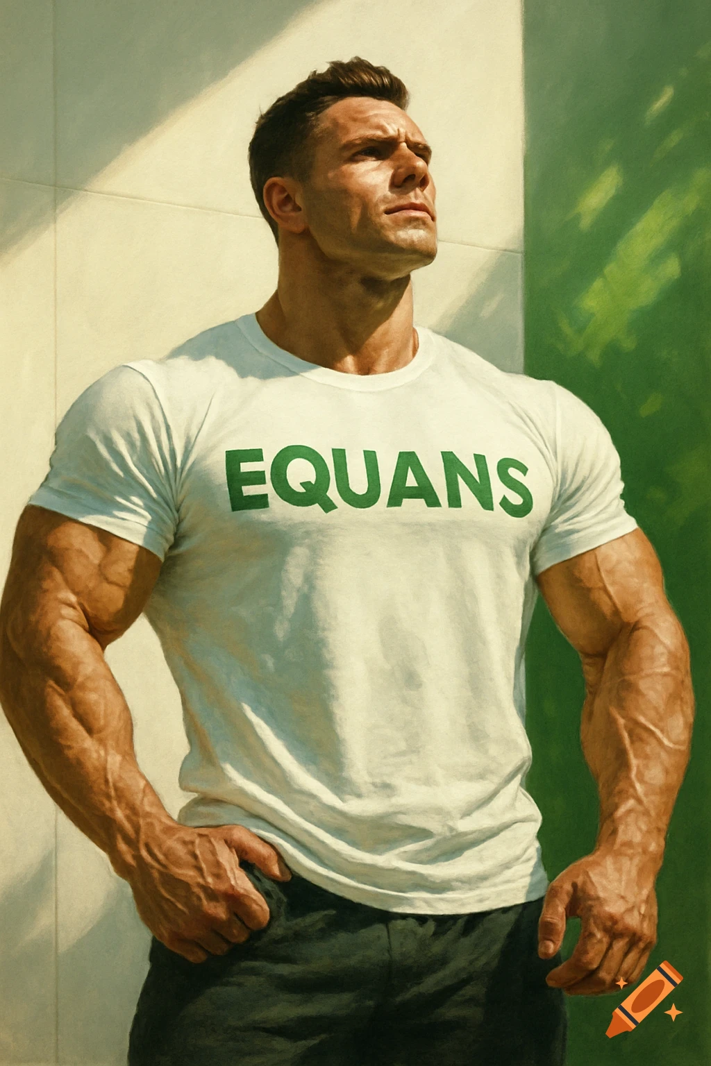 Muscular man in a white t-shirt with 'EQUANS' in green, looking up against a sunlit wall with green accents.