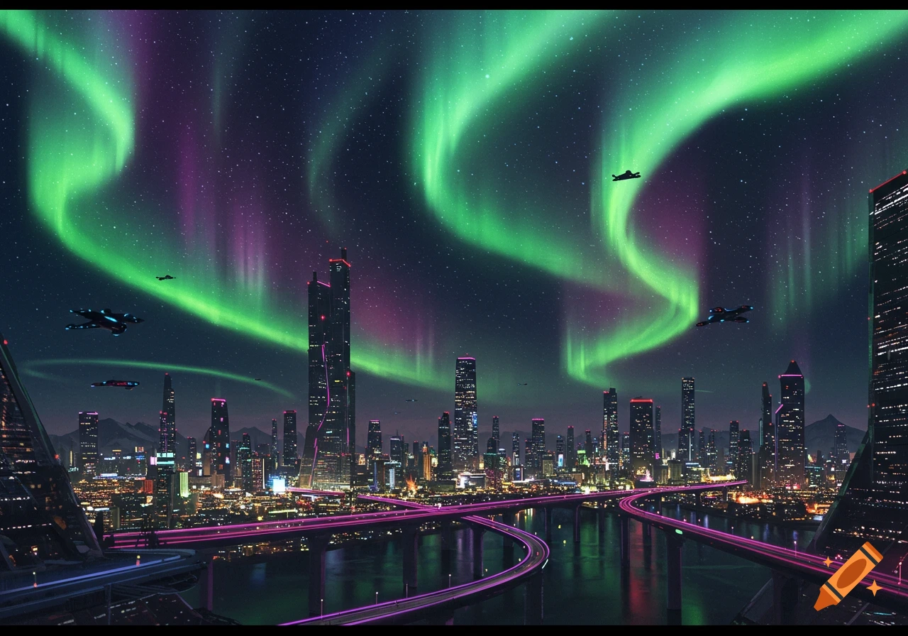 Vibrant futuristic city skyline at night with green and purple aurora borealis and flying vehicles, glowing pink highways over water.