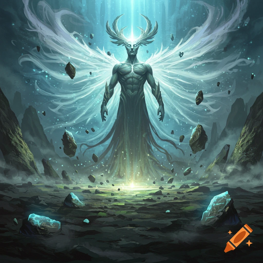 An ethereal god-like figure with glowing antlers and tendril-like wings stands in a rocky, barren landscape with floating rocks, emanating light.