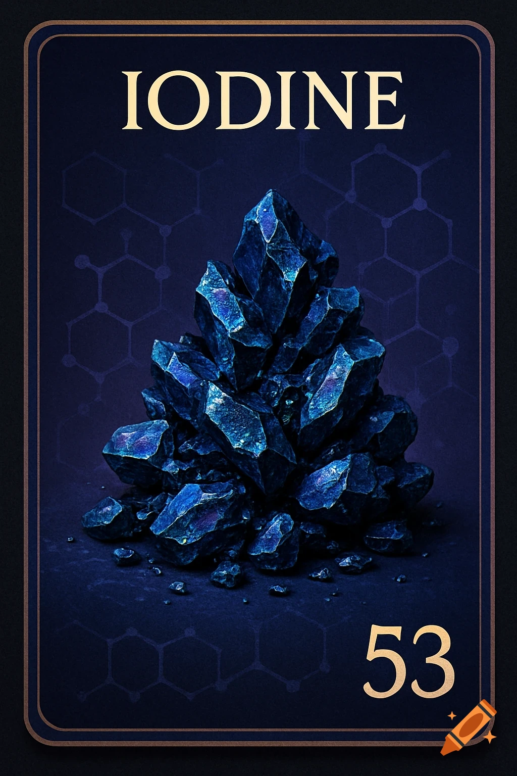 A dark blue card for the element Iodine, showing a pile of blue-purple crystals, with "IODINE" at the top and "53" at the bottom right.