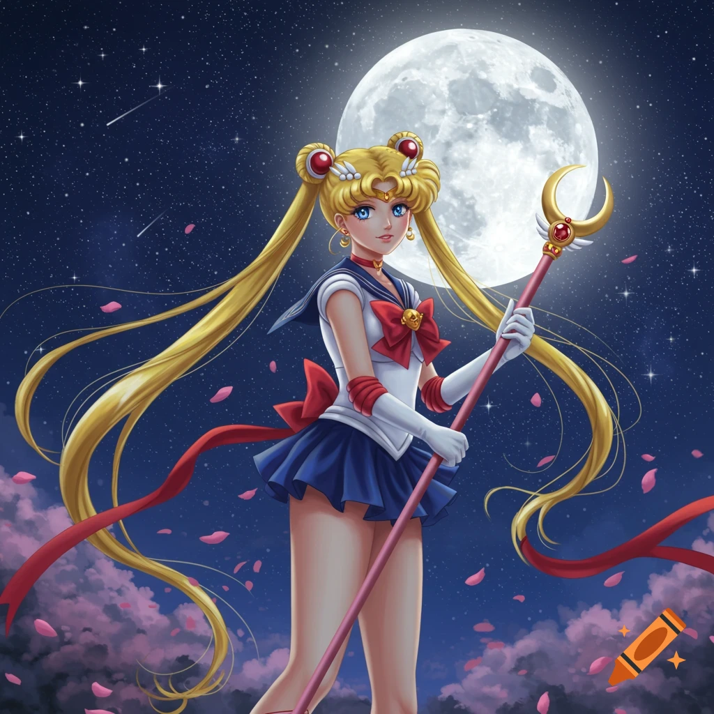 Sailor Moon stands with her staff against a starry night sky with a large full moon, in an anime art style.