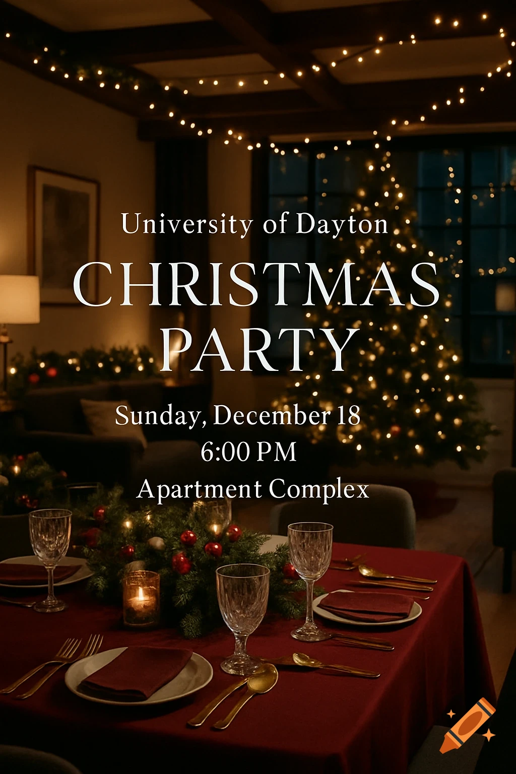 An elegant Christmas party invitation showing a festive dining table and a decorated Christmas tree in a dimly lit room.