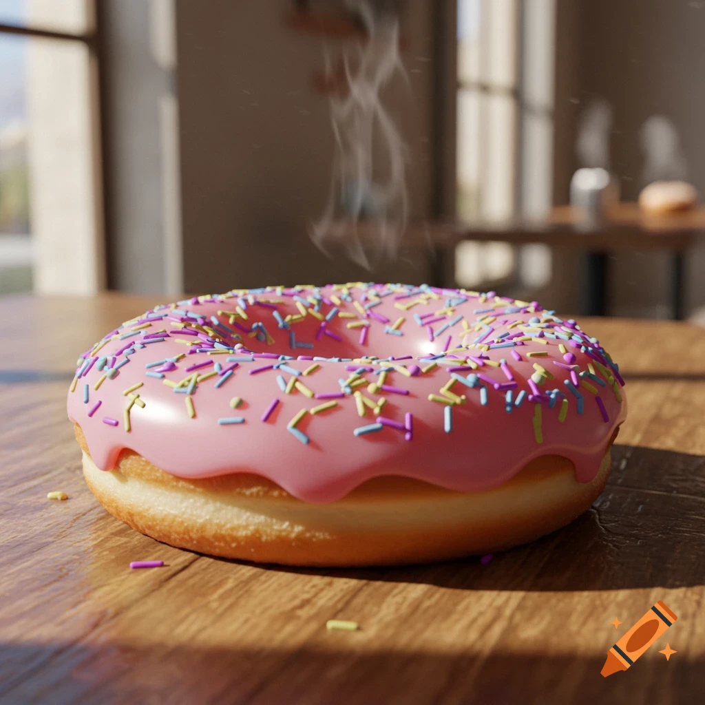 A photorealistic render of a steaming pink donut with colorful sprinkles on a wooden table, with soft background light.