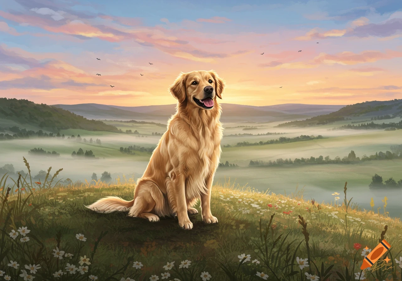 A happy Golden Retriever dog sits on a grassy hill with wildflowers, looking over a misty valley at sunset, in a painterly style.