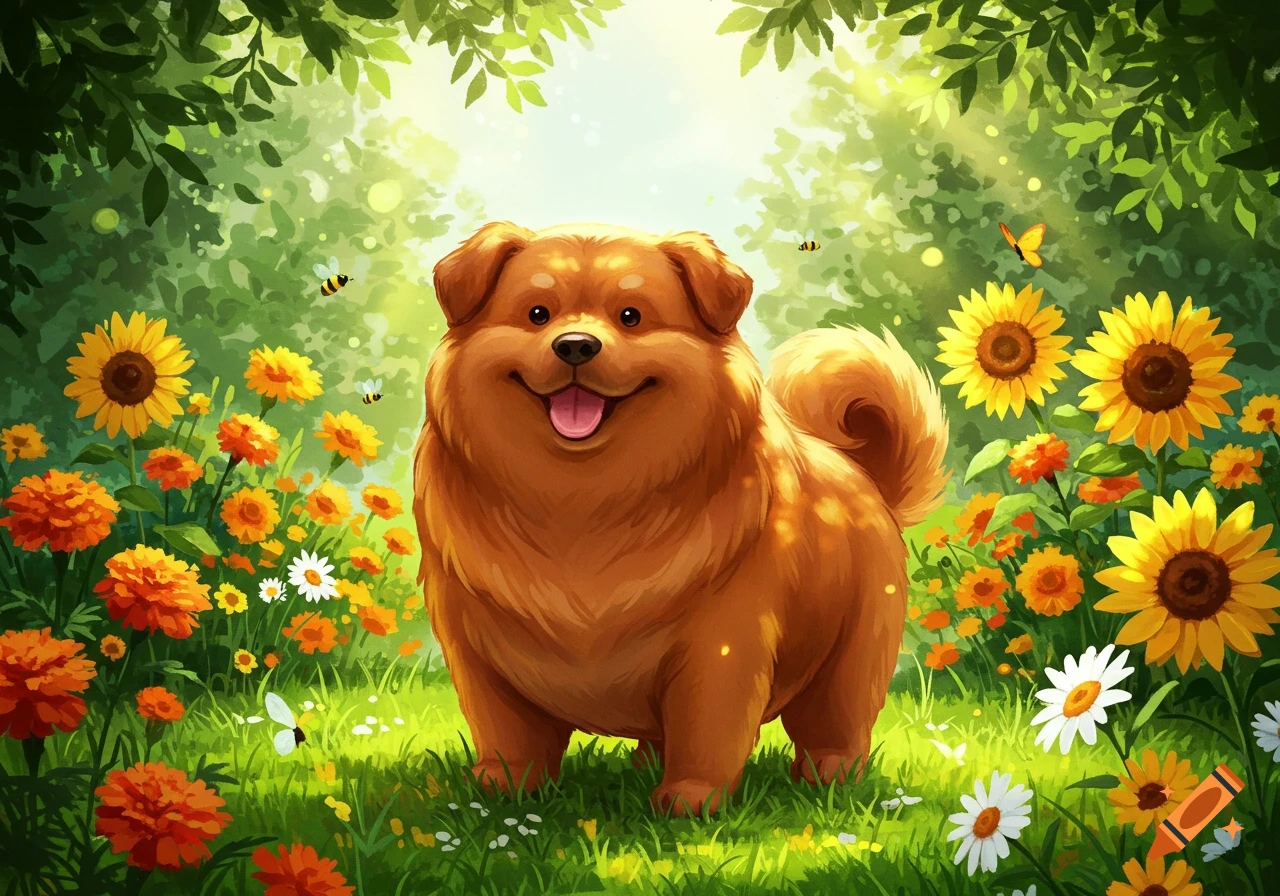 A happy, fluffy brown cartoon dog stands smiling in a vibrant field of sunflowers and colorful wildflowers with bees and a butterfly.