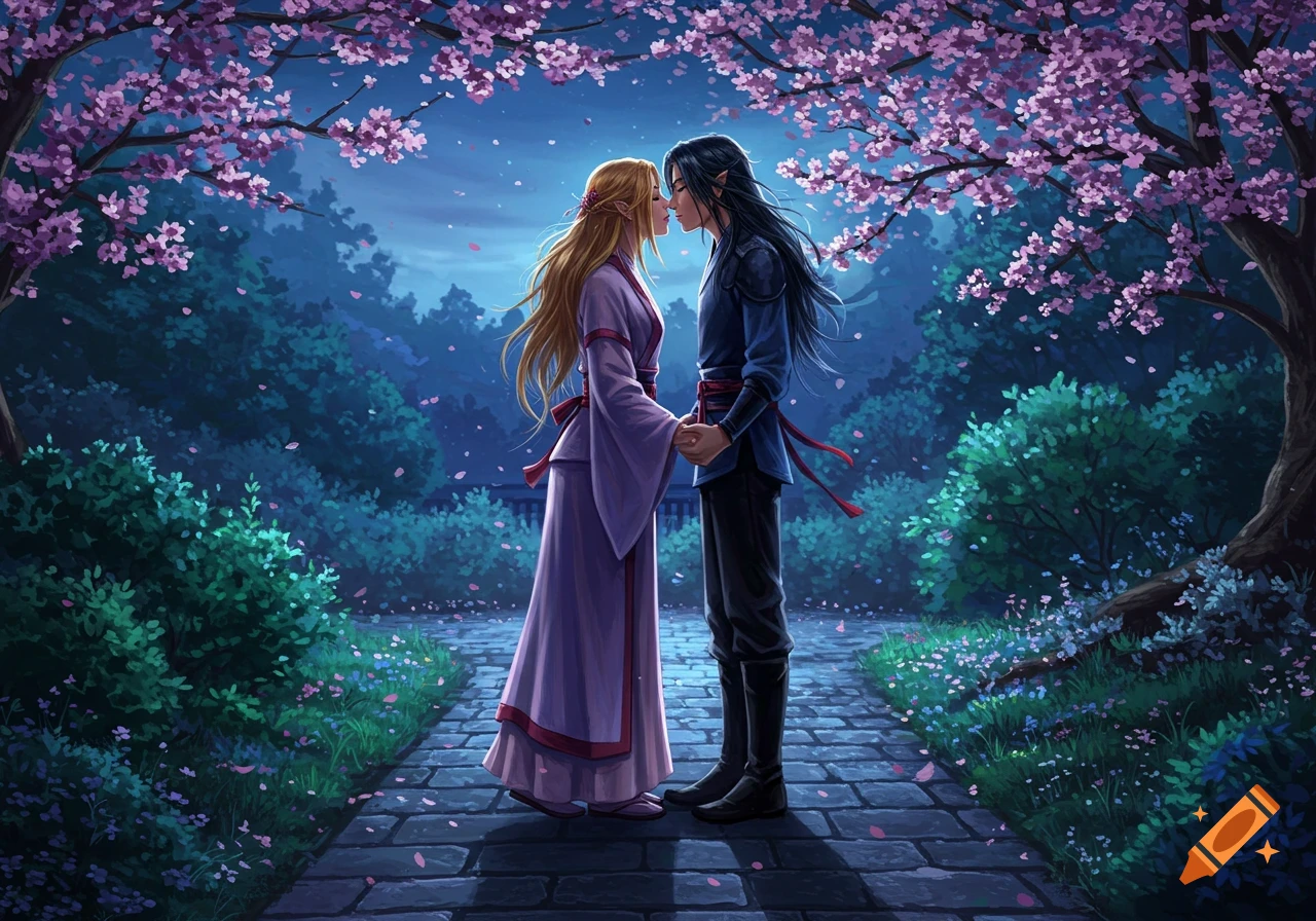 Two anime-style fantasy characters, an elf woman and an elf man, hold hands under cherry blossoms in a moonlit garden, about to kiss.