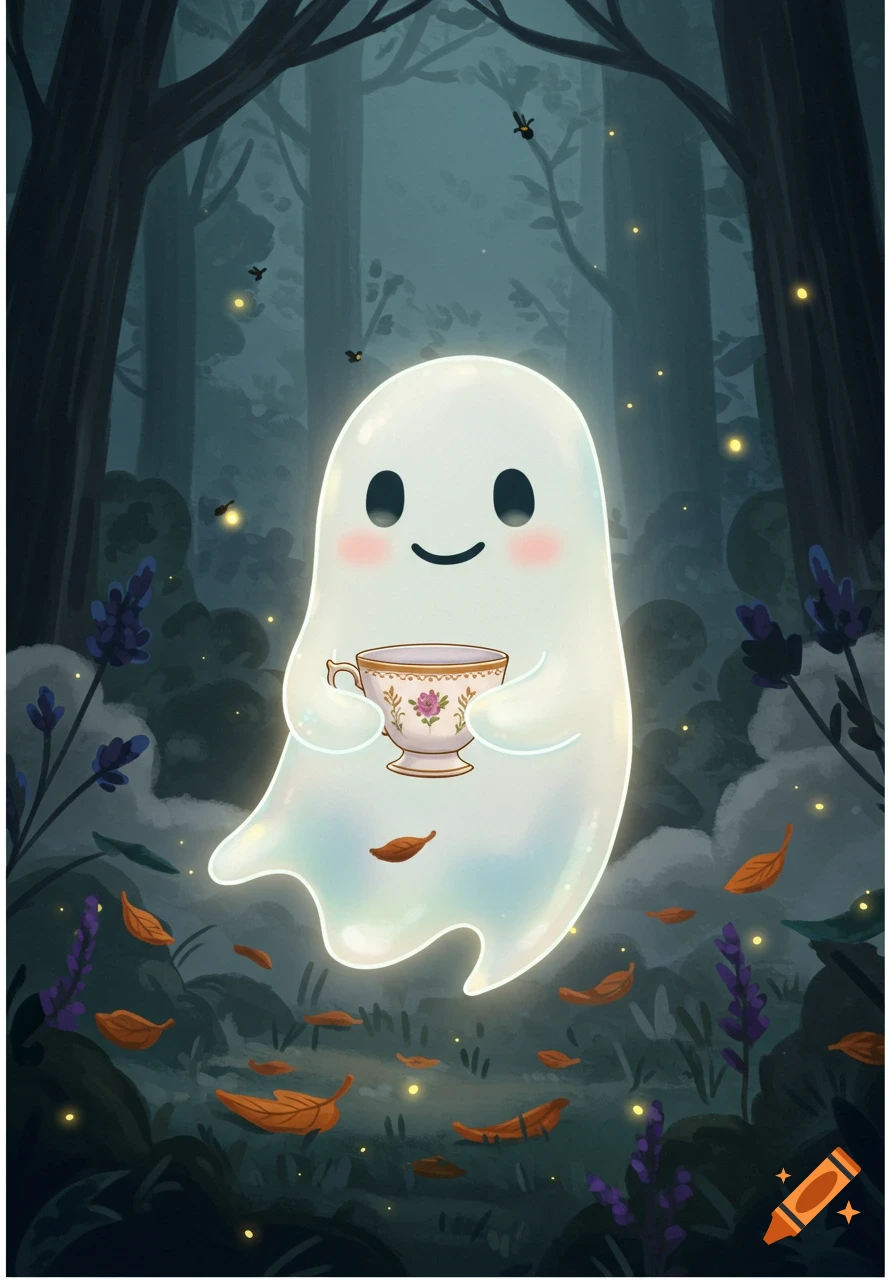 A cute, glowing white ghost with rosy cheeks holds a teacup amidst fallen leaves and fireflies in a dark, whimsical forest.