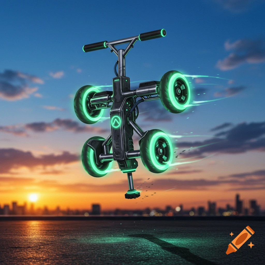 A futuristic four-wheeled vehicle with glowing green wheels floats above an asphalt ground, with a city skyline and sunset sky.