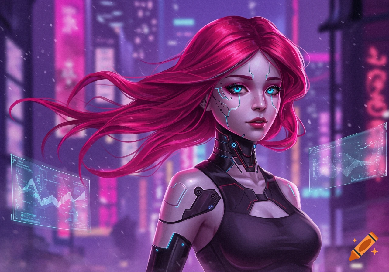 A cyberpunk woman with vibrant pink hair, glowing blue eyes, and cybernetic facial implants stands against a neon city.