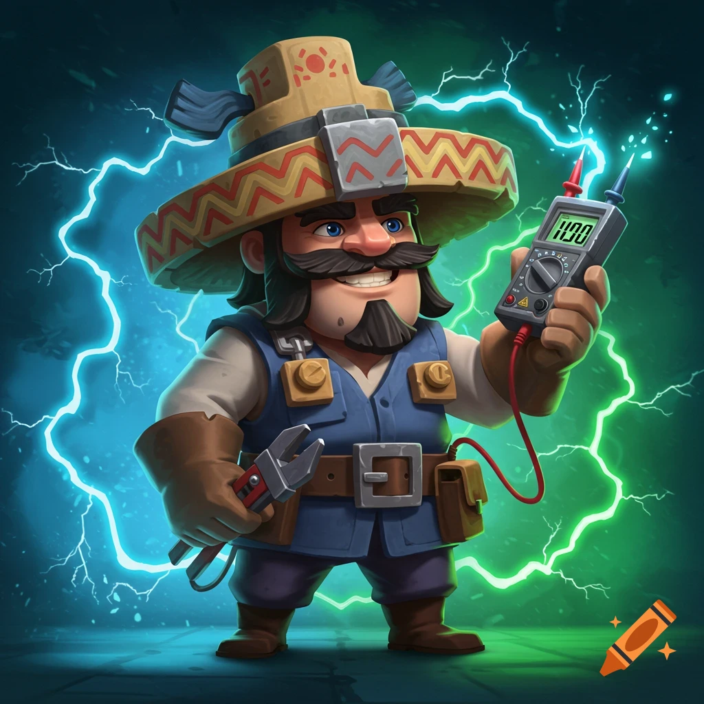 A cartoon man with a mustache and sombrero, dressed as an electrician, holding a wrench and multimeter, surrounded by lightning.