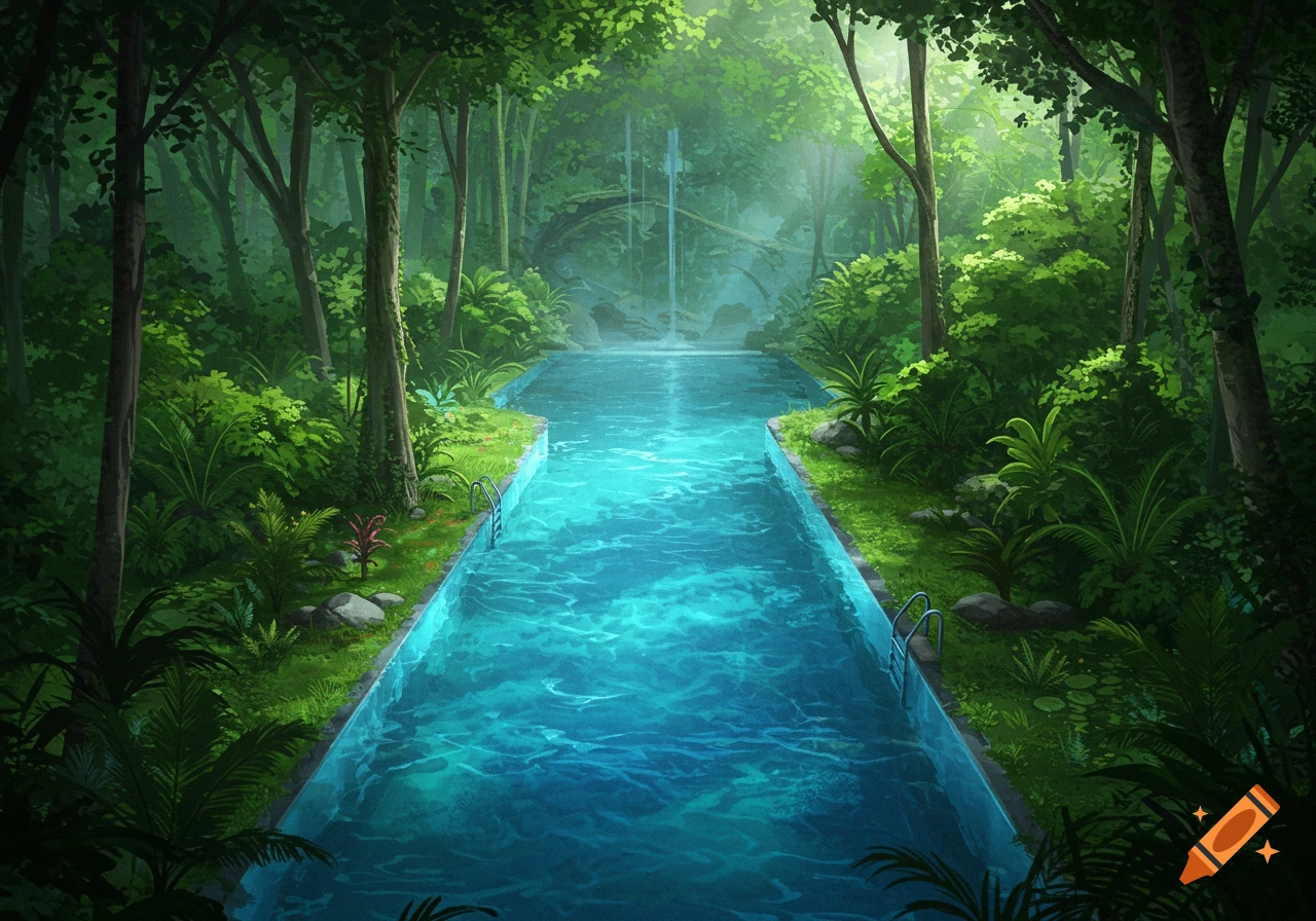 A long, narrow swimming pool with clear blue water cuts through a lush green forest, bathed in sunlight from above.