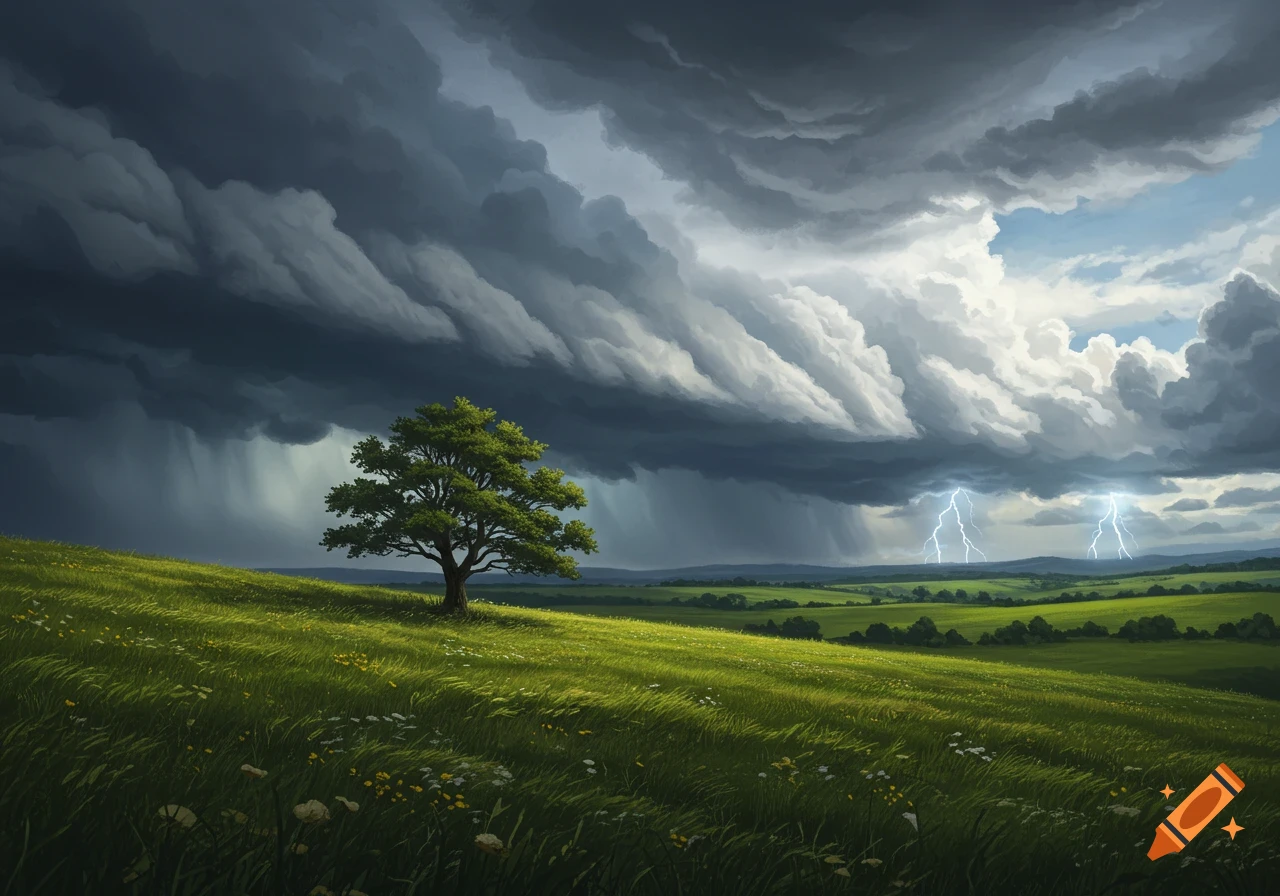 A lone tree stands on a green, rolling hill under a dramatic stormy sky with rain and lightning in the distance.
