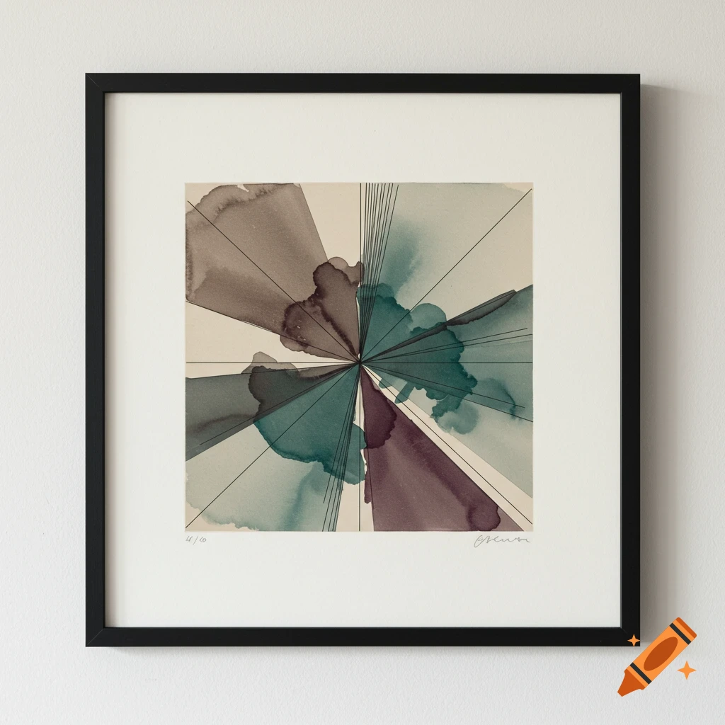 A framed abstract monoprint featuring radiating teal, brown, and purple watercolor splotches with fine lines on a light background.