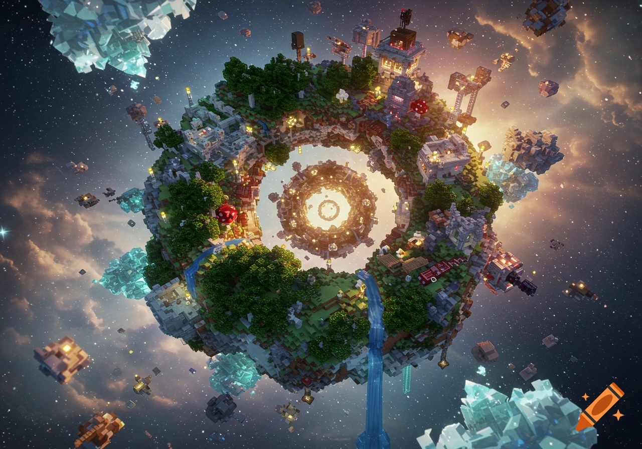 A vibrant Minecraft-style world shaped like a ring, with floating islands, buildings, trees, and waterfalls, set in a starry cosmos.