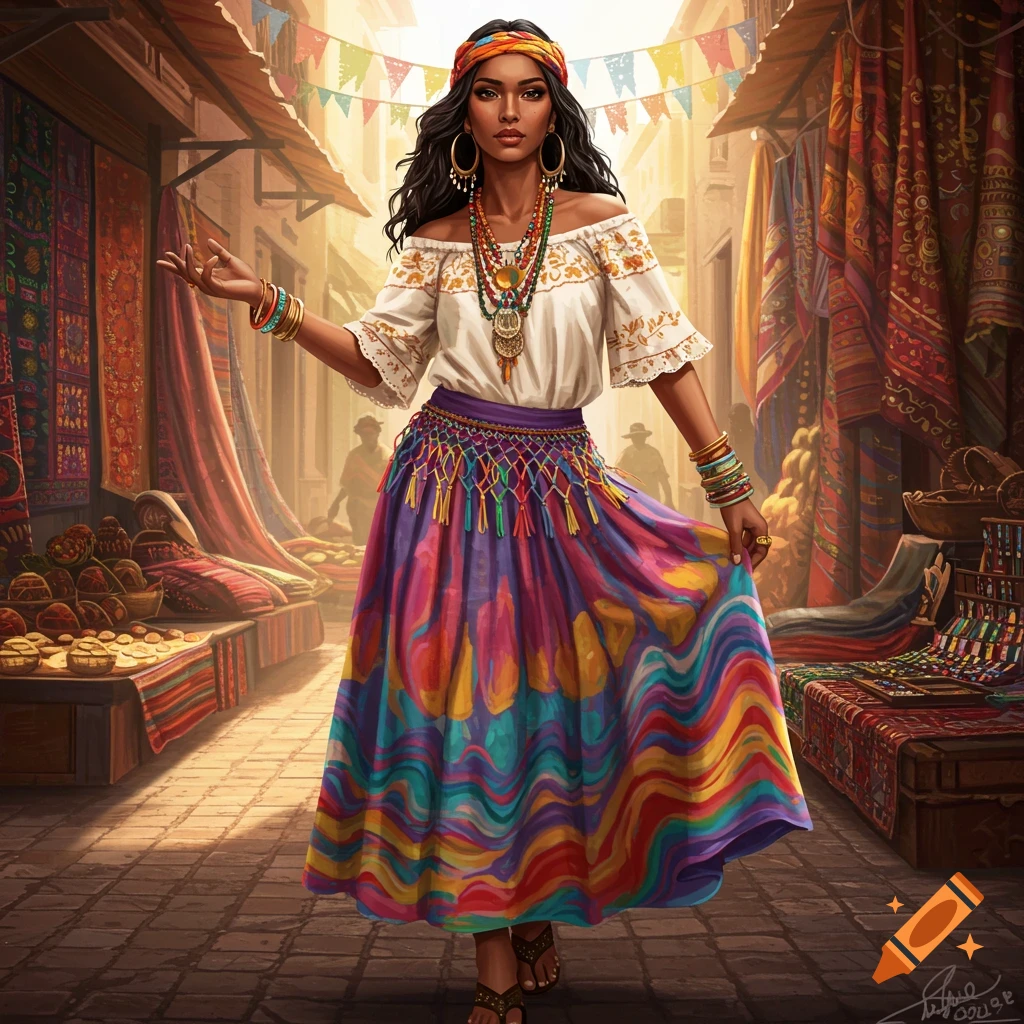 A woman in vibrant folk attire, with a colorful long skirt and embroidered blouse, stands in a bright market alley.