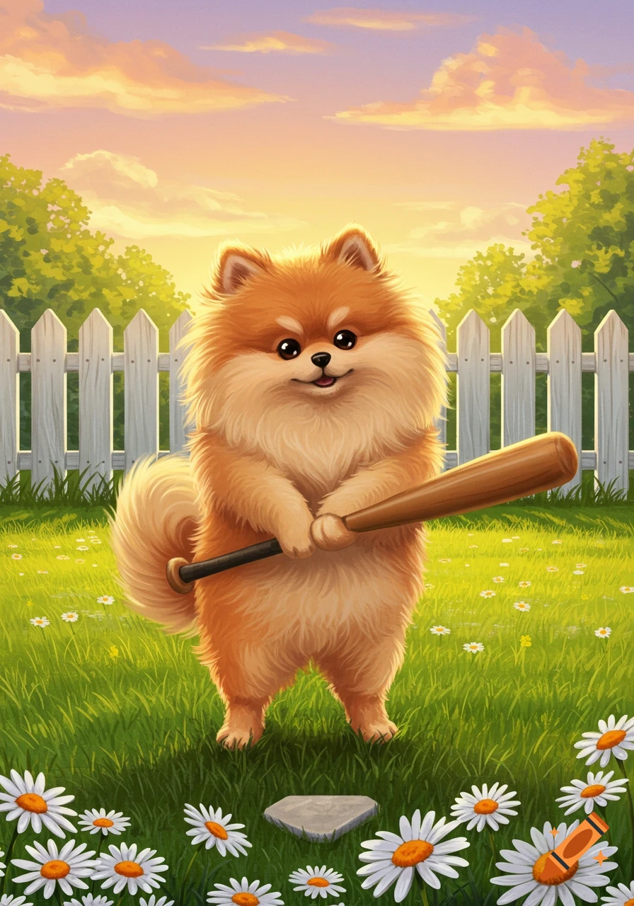 Cartoon Pomeranian dog holding a baseball bat on a grassy field with daisies and a sunset sky.
