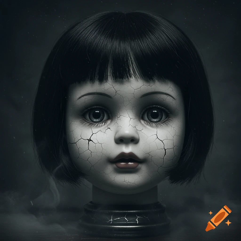 A creepy, cracked doll head with wide, vacant eyes and short black hair, set against a dark, moody background.
