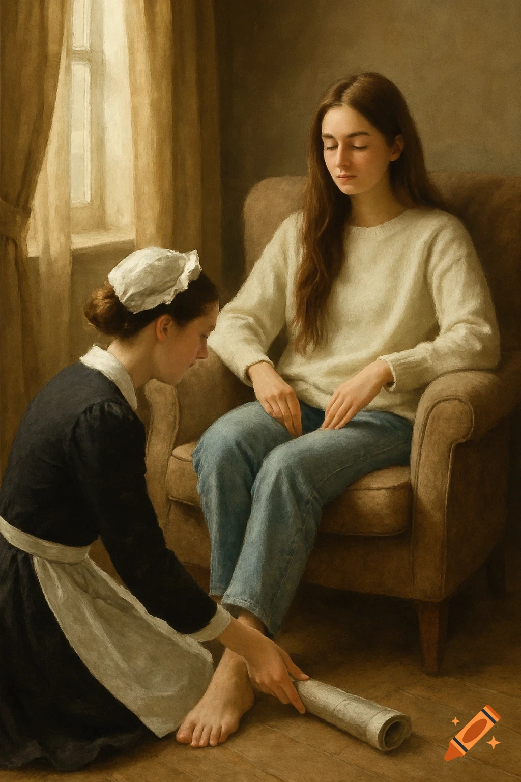 A maid kneels to reach for a rolled newspaper by the bare foot of a woman sitting in a chair, in a painterly classical art style.