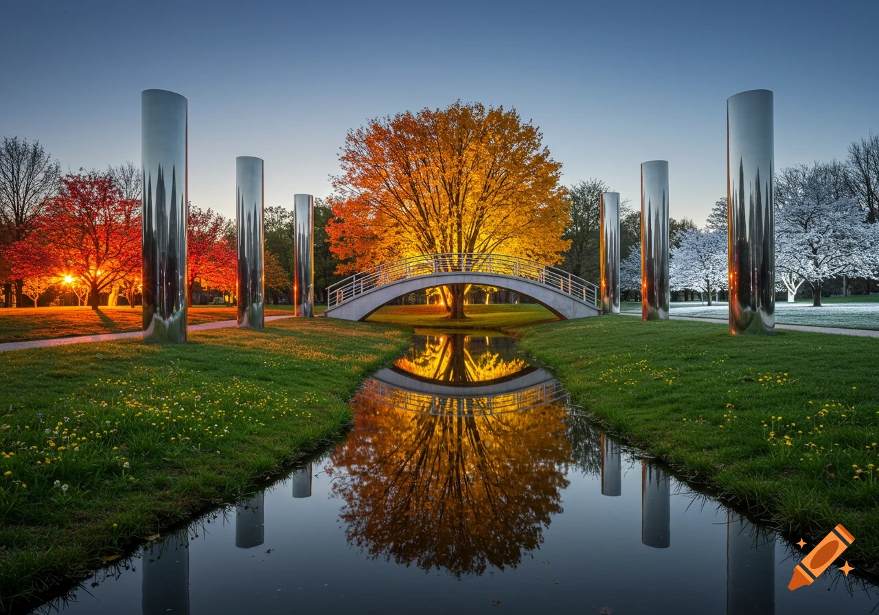 A photorealistic park with a white bridge, reflective stainless steel pillars, and trees representing autumn and winter by a stream at twilight.