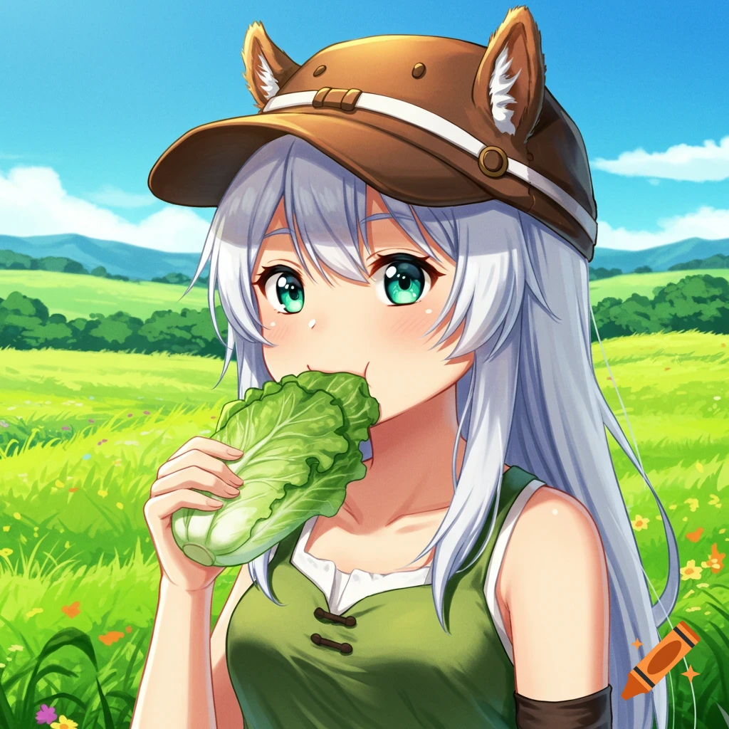 An anime girl with long silver hair and a brown cap with animal ears eats a head of lettuce in a green field.