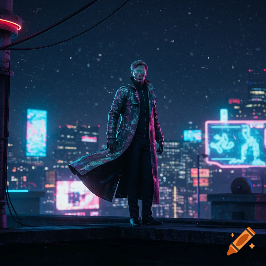 A cyberpunk man in a trench coat and glowing visor stands on a rooftop overlooking a neon-lit futuristic city at night.