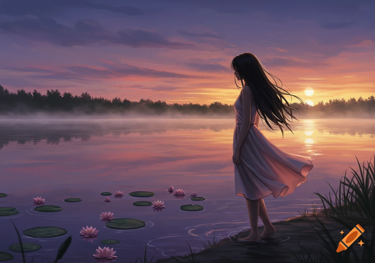 An anime-style young woman in a light dress stands barefoot by a misty lake at sunset, with lotus flowers on the water.
